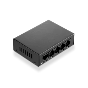Fanless 5-port Gigabit unmanaged switch with metal housing for desktop or wall mounting