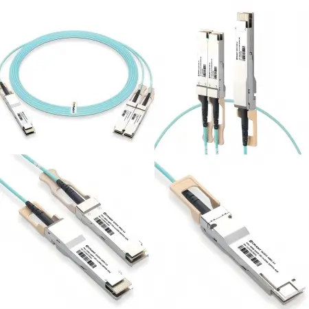 400G QSFP-DD to 2×200G QSFP56 AOC cable showing the split cable structure, optical modules, and connector ends.