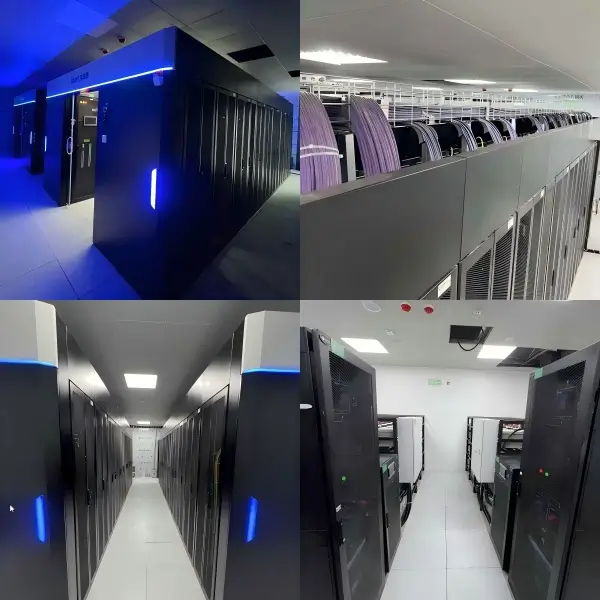 Server room deployment showing equipment racks, cabinet rows, aisle layout, and overhead cable arrangement after installation.