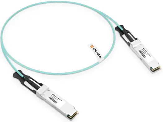 Active optical cable showing the fiber cable assembly with optical transceiver housings attached at both ends.