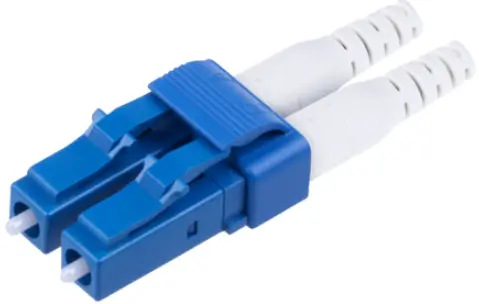Blue duplex LC fiber connector with two white boots, used to show the connector type in the fiber connector section.