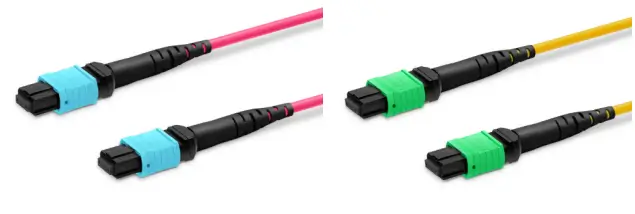 Blue and green fiber connector pairs showing color differences used to identify UPC and APC polishing types.