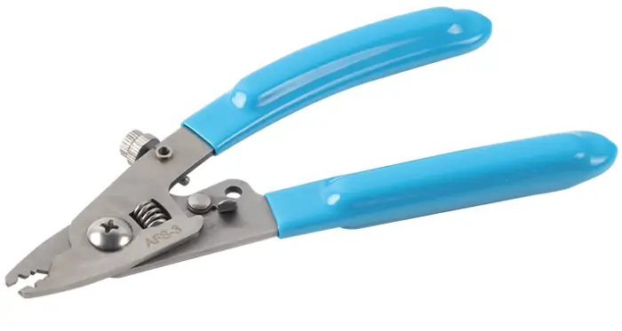 Blue-handled fiber stripper with metal jaws is shown as a tool for removing the coating before splicing.