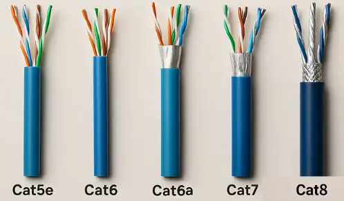 Side-by-side Ethernet cable cutaways compare Cat5e, Cat6, Cat6a, Cat7, and Cat8 internal structures.
