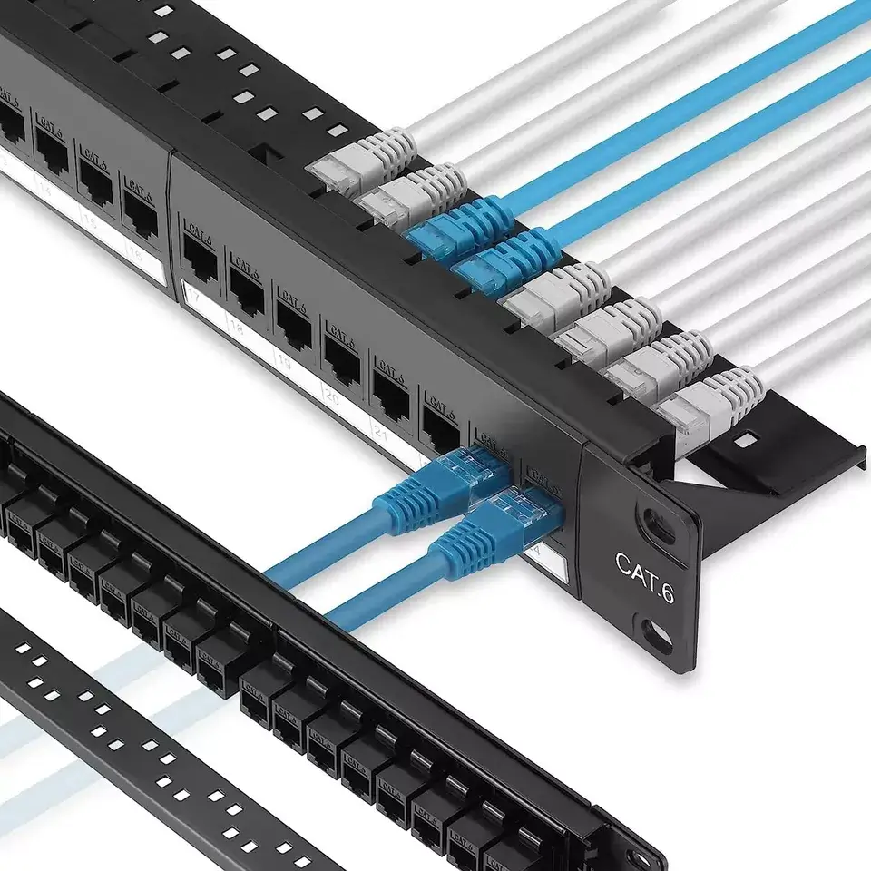 CAT 6 RJ45 patch panel with blue and gray Ethernet cables connected to front and rear ports.