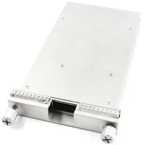 CFP to QSFP28 CVR with a wide metal housing, front QSFP28 opening, and two thumb screws.