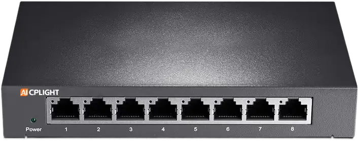 Compact unmanaged switch with eight numbered RJ45 ports and a power indicator on the front panel.