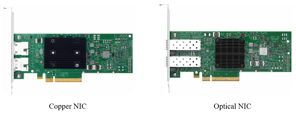 Two Ethernet NIC cards shown side by side, labeled Copper NIC and Optical NIC, with different port layouts.