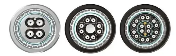 Three circular cable cross sections show paired conductors and shielding layers inside DAC cable designs.