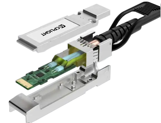 Exploded DAC connector view showing metal housing, internal circuit board, conductors, and cable strain relief.