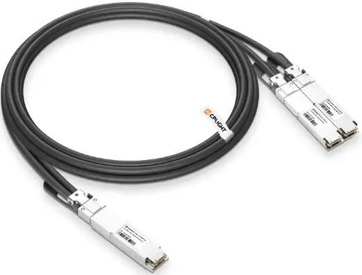 Direct attach copper cable showing the fixed-length cable assembly with attached connectors on both ends and the copper cable body.