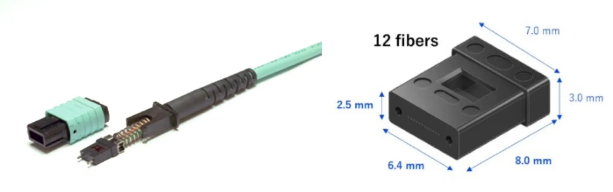 Detachable MPO connector assembly showing the complete connector on the left and a magnified MT ferrule housing detail with dimensional markings on the right.