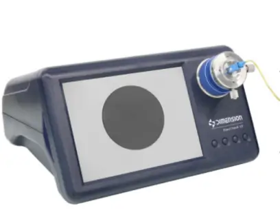Handheld fiber inspection device with a fiber connector attached, shown under the fiber link testing procedure section.