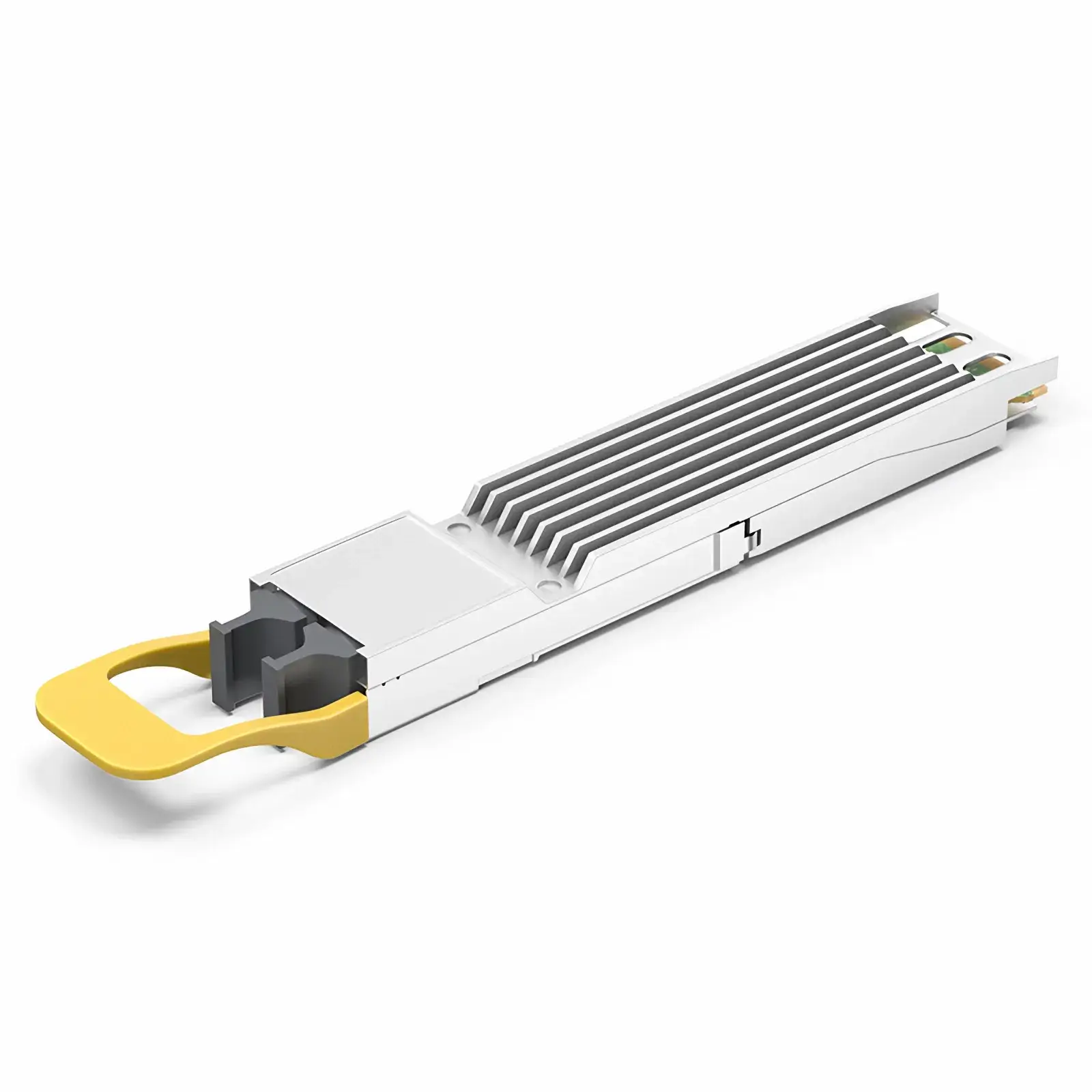 Pluggable coherent module with a finned heat sink, optical port, and pull tab shown for the module architecture section.