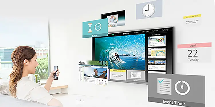 Home viewing scene with a person watching a wall-mounted screen and floating media thumbnails in the cable internet section.
