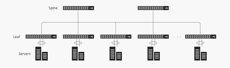 Leaf-Spine topology with Spine switches above multiple Leaf switches and server groups connected below the Leaf layer.