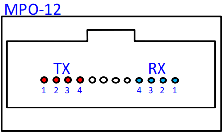 MPO-12 end-face diagram showing four TX fibers on the left, four RX fibers on the right, and unused center positions.