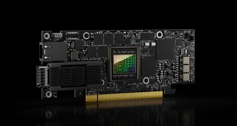 NVIDIA CX8S network card shown on a black background with its PCIe edge connector and onboard components visible.