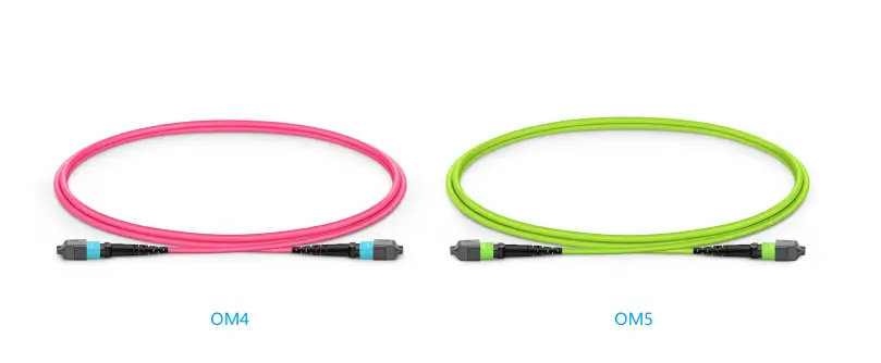 Two coiled multimode fiber cables labeled OM4 and OM5 are shown side by side, with OM4 in pink and OM5 in lime green.