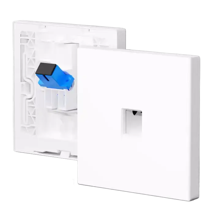 Open white fiber wall outlet shows an internal blue adapter and a front cover with a single port.