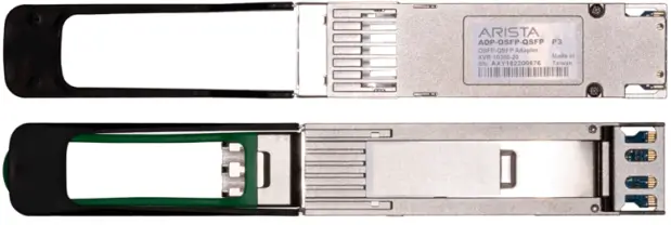 OSFP to QSFP28 CVR shown from top and bottom, with black pull tabs and QSFP-style openings.