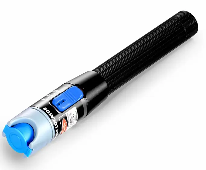 Pen-style fiber fault locator with a blue end cap and black body is shown in the red light tester section.