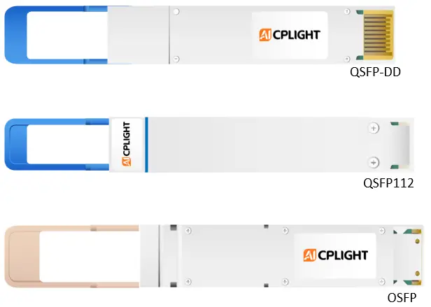 QSFP-DD, QSFP112, and OSFP modules are stacked vertically to compare their body length, shape, and labeled form factors.