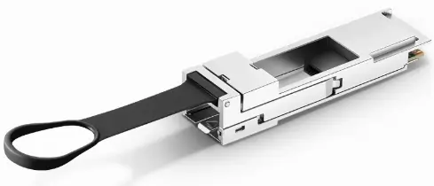 QSFP+ to SFP+ CVR with an SFP slot exposed and a black pull tab for removal.