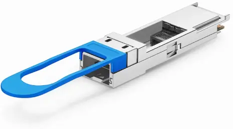 QSFP28 to SFP28 CVR with a blue pull tab and a visible SFP-style slot inside the housing.