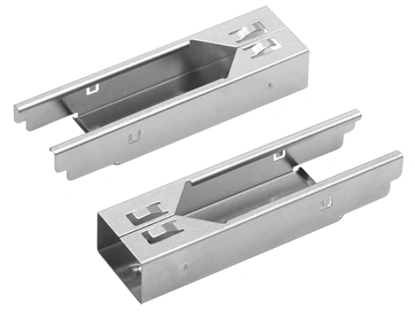 Two silver SFP metal housing shells show the outer enclosure shape used to hold the PCB and internal components.
