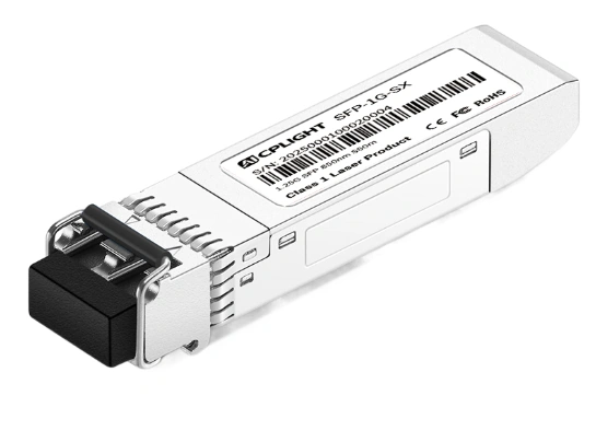 SFP transceiver with a metal body, black LC port, latch area, and product label shown beside the definition section.