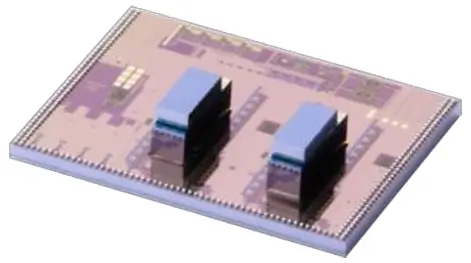 Rendered silicon photonics chip with two raised optical structures on a patterned substrate.