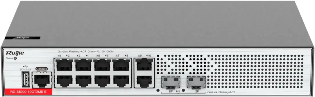 Smart managed switch front panel with a console port, multiple RJ45 ports, and additional small ports on the right side.