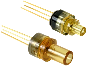 Two cylindrical optical subassembly components with gold leads and optical openings are shown as part of the SFP structure section.
