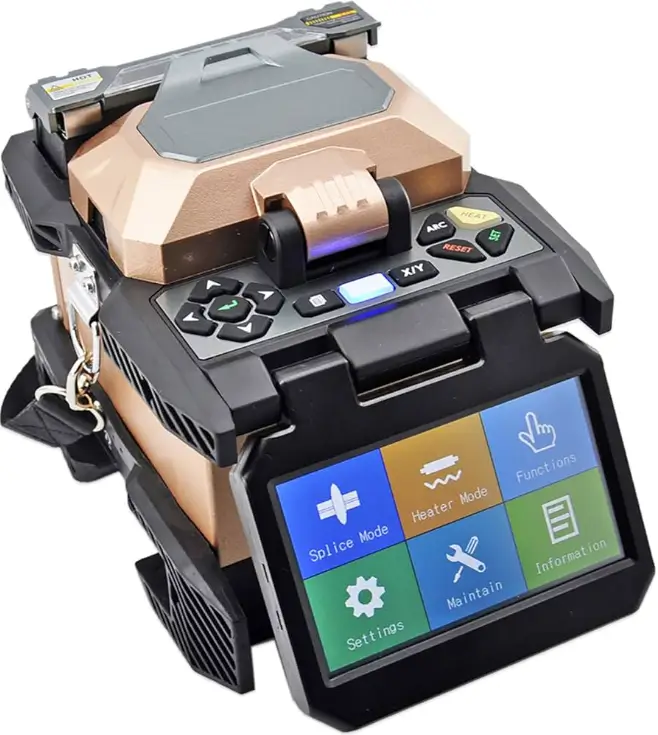 Fusion splicer with a touch screen menu and top splicing area is shown as the tool for joining fibers.