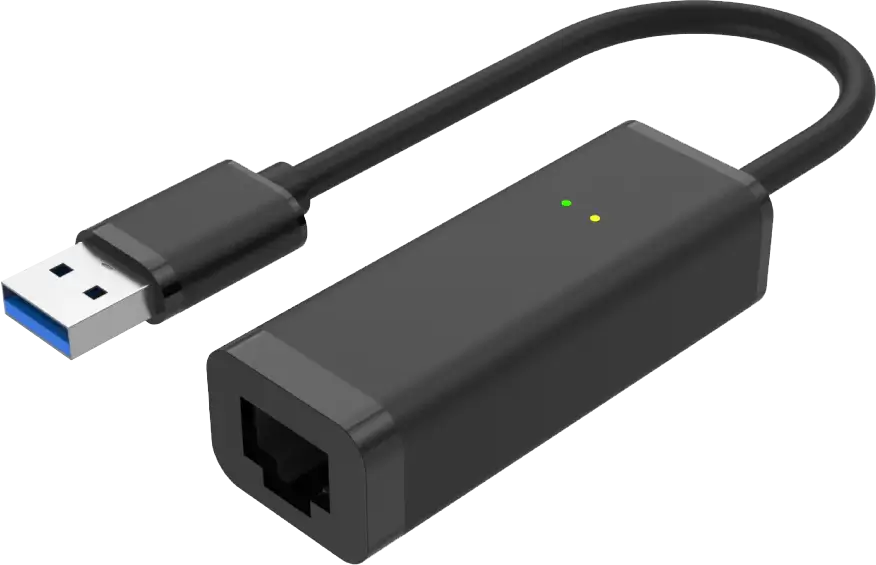 USB 3.0 to Gigabit Ethernet adapter with a USB-A plug, short cable, RJ45 port, and two indicator lights.