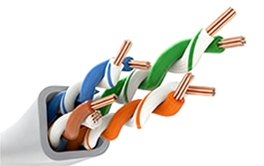 UTP cable cutaway shows four color-coded twisted pairs exiting a gray outer jacket without visible shielding.
