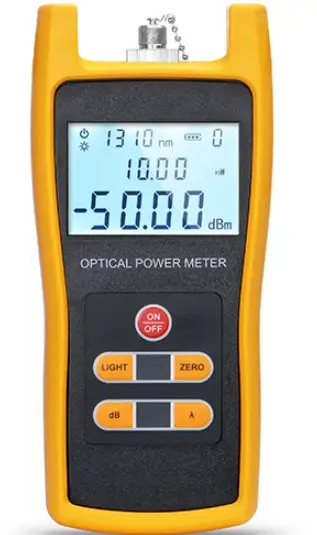 Yellow optical power meter shows a 1310 nm setting and -50.00 dBm reading on the front screen.