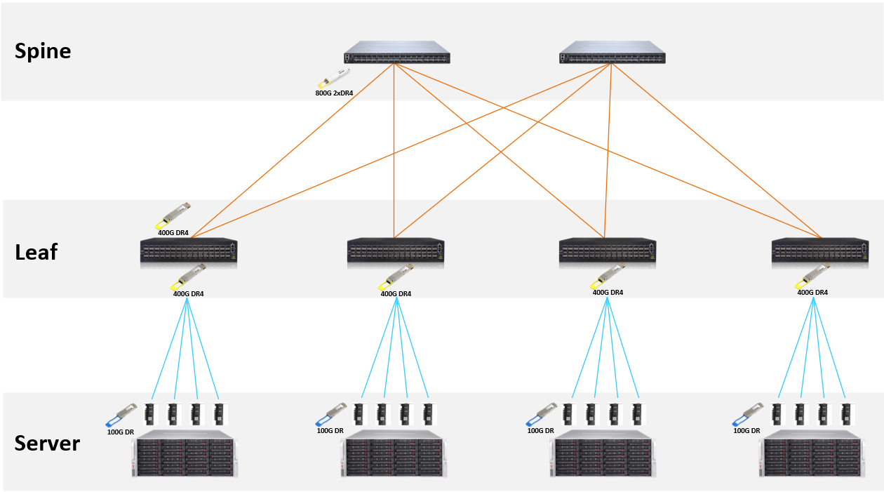 Spine switches use 800G 2×DR4 links to leaf switches, while 400G DR4 ports split into 100G DR server links.