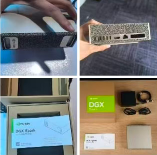 DGX Spark device closeups, rear ports, packaging, and tabletop accessories shown in a four-panel lab photo collage.
