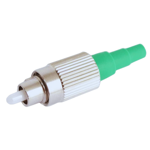 FC fiber connector with a round metal coupling, exposed white ferrule, and green strain relief boot.
