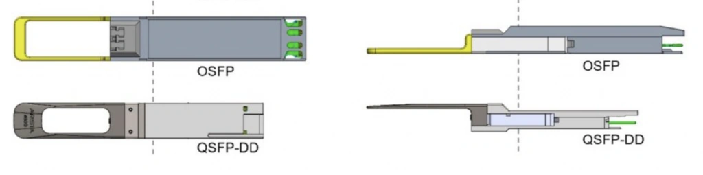 Top and side view comparison of OSFP and QSFP-DD optical transceiver form factors