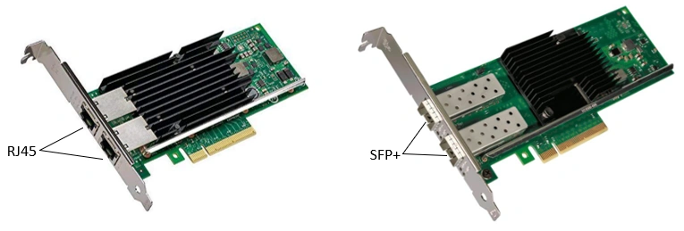Two NICs show RJ45 copper ports on one card and SFP+ cages on another, highlighting different adapter interfaces.

