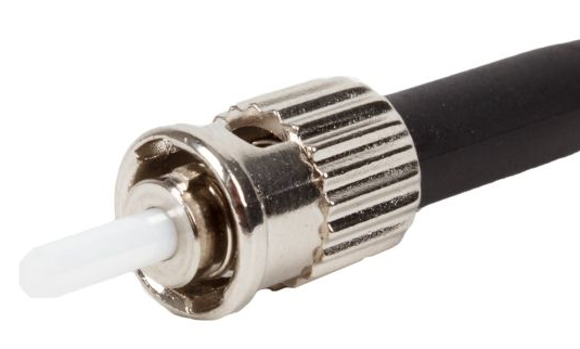 ST fiber connector with a metal bayonet-style coupling, white ferrule, and black fiber cable.
