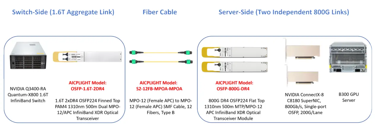 1.6T InfiniBand switch link split into two independent 800G server links using OSFP optical transceivers and MPO-12 fiber cables