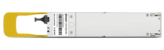 Top view of an 800G OSFP 2DR4 optical transceiver with yellow pull tab and metal housing