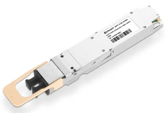 Close-up of AICPLIGHT OSFP 800G 2XSR4 optical transceiver module with a pull tab on a white background.