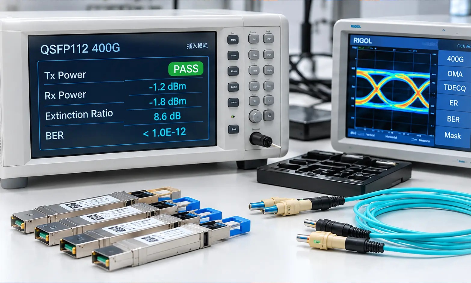 Optical transceivers and interconnects undergoing product validation testing