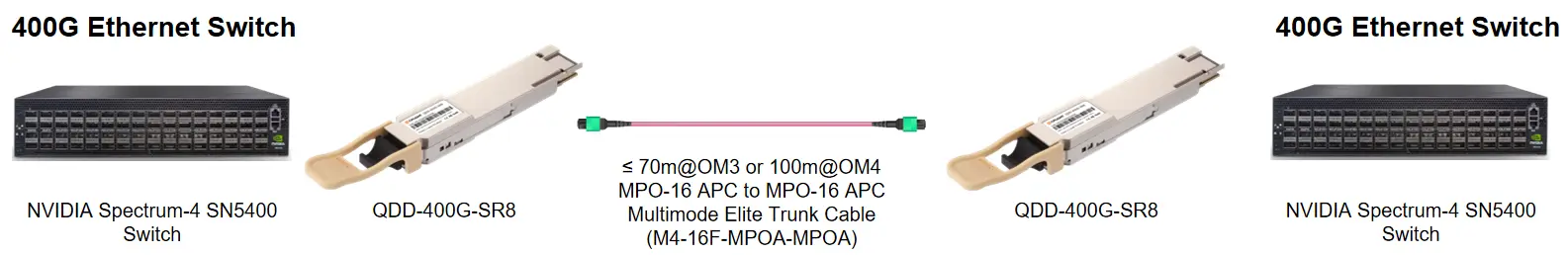 400GbE SR8 link between NVIDIA Spectrum-4 SN5400 leaf and spine switches using an MPO-16 APC multimode trunk cable