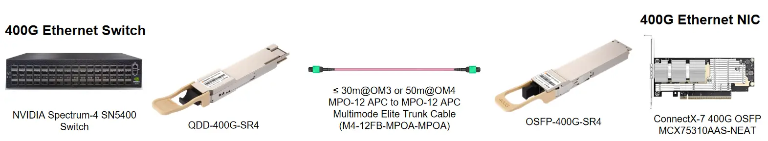 400GbE SR4 RoCE link between an NVIDIA Spectrum-4 SN5400 leaf switch and a ConnectX-7 NIC using an MPO-12 APC multimode trunk cable